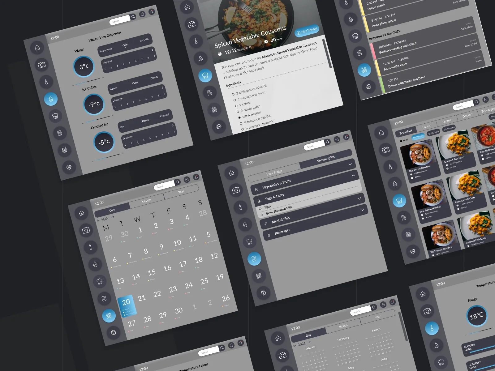 Grid of dark smart-fridge UI screens, water, ice, recipes and calendar