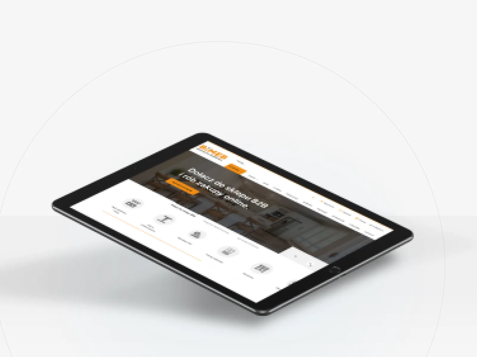 Tablet mockup at an angle showing the storefront homepage
