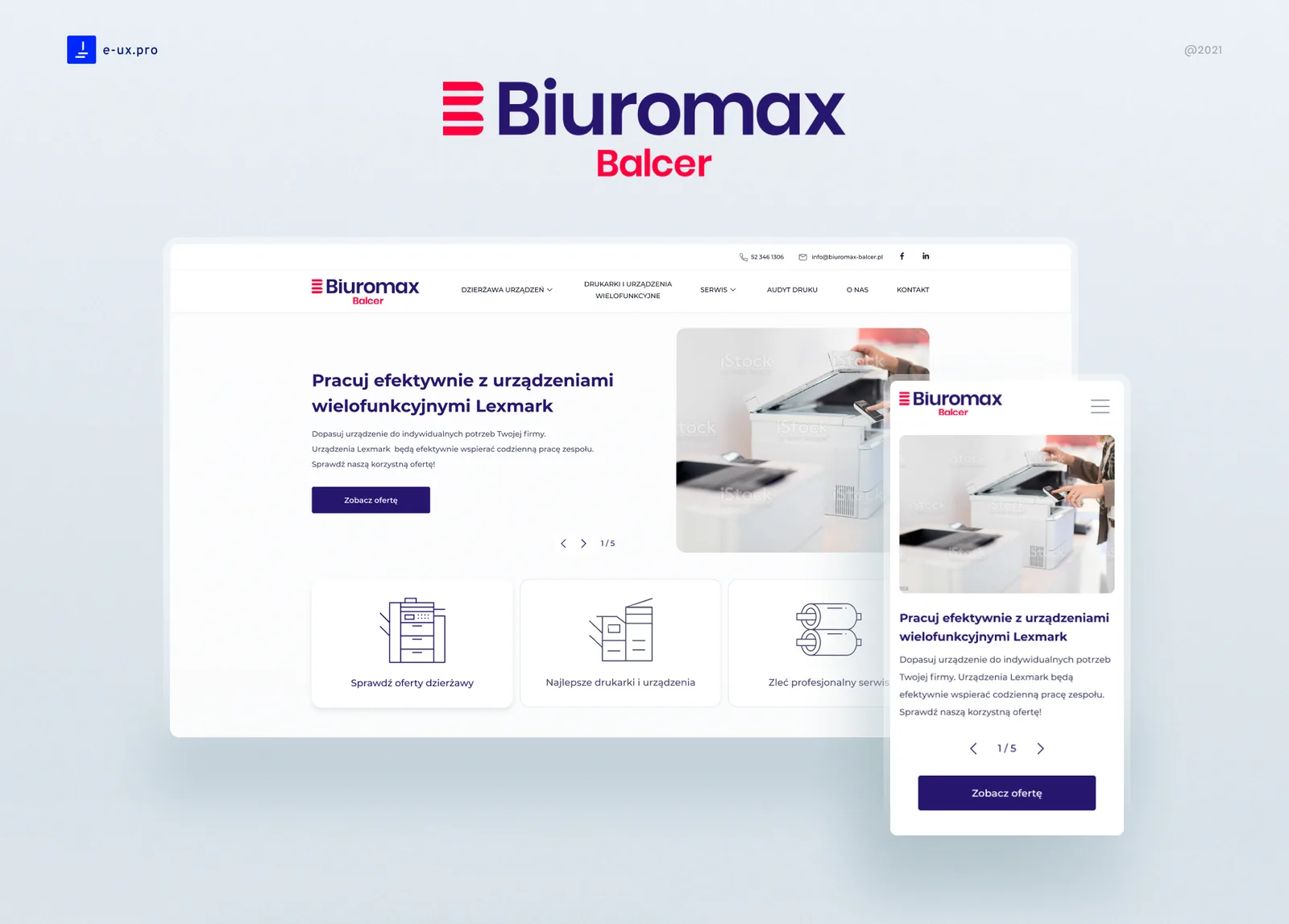 Desktop and mobile homepage mockups for an office equipment storefront