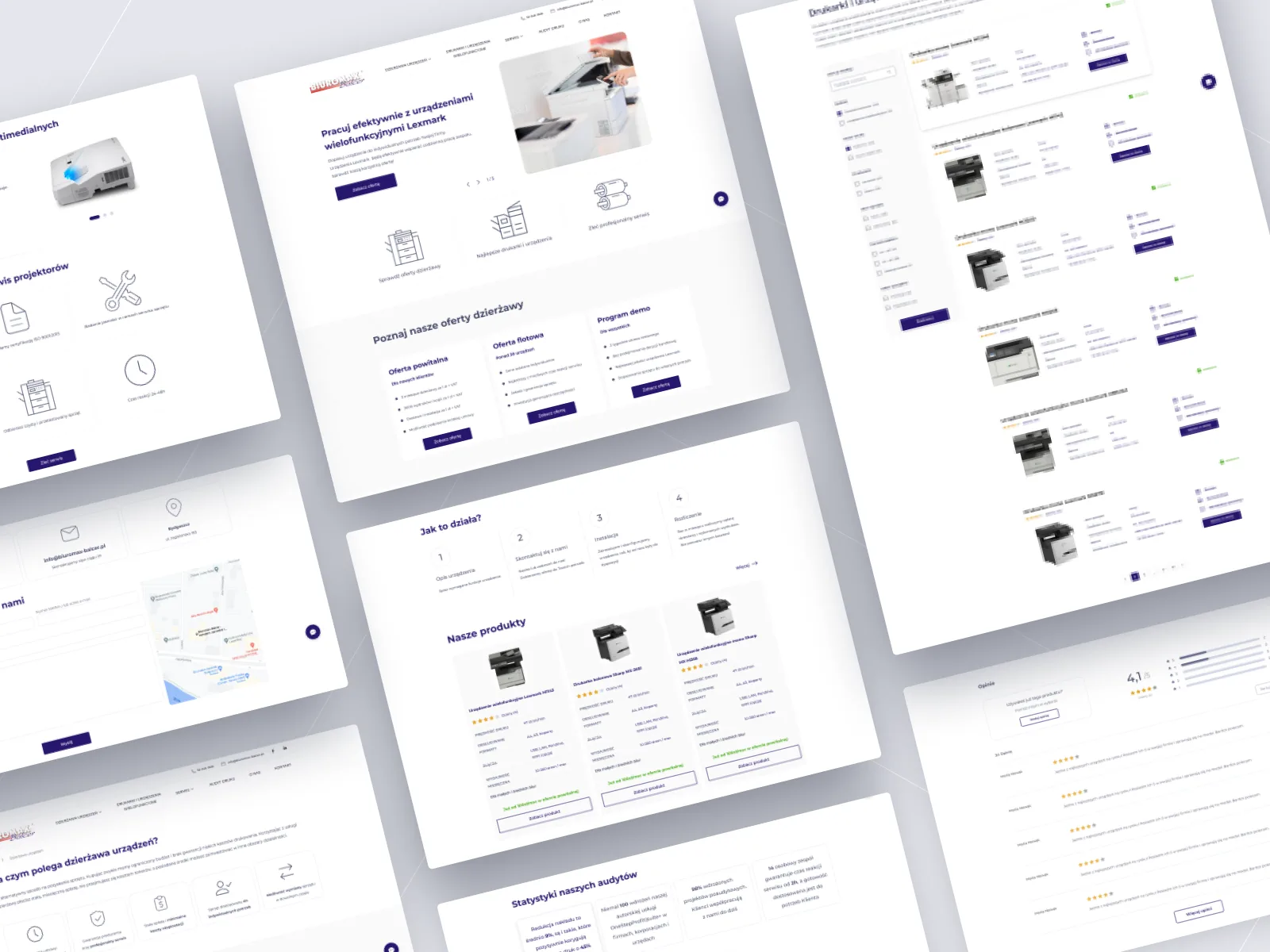 Grid of desktop webpage mockups covering offer, product and contact pages