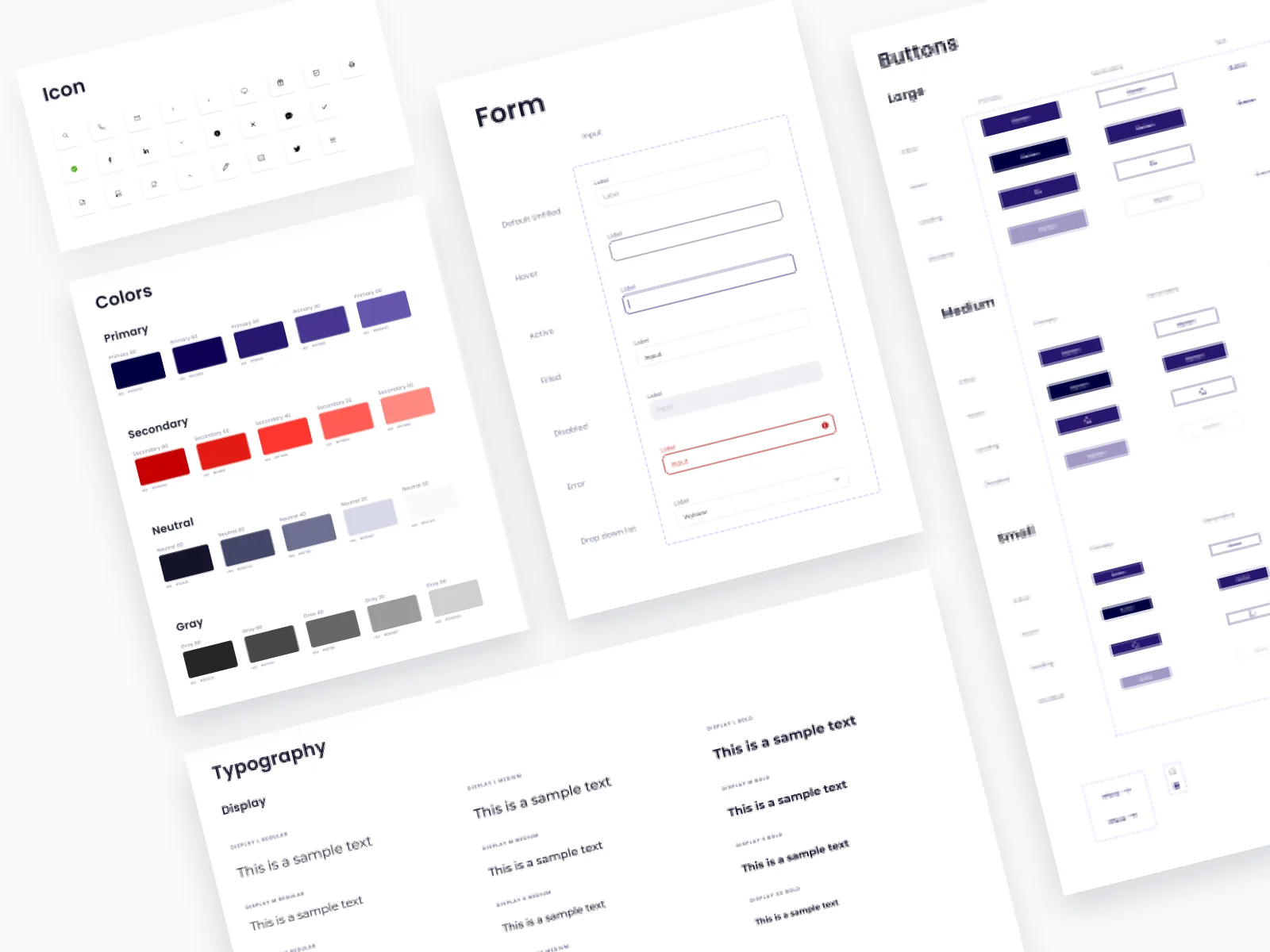Design system sheets showing icons, colours, form fields and typography