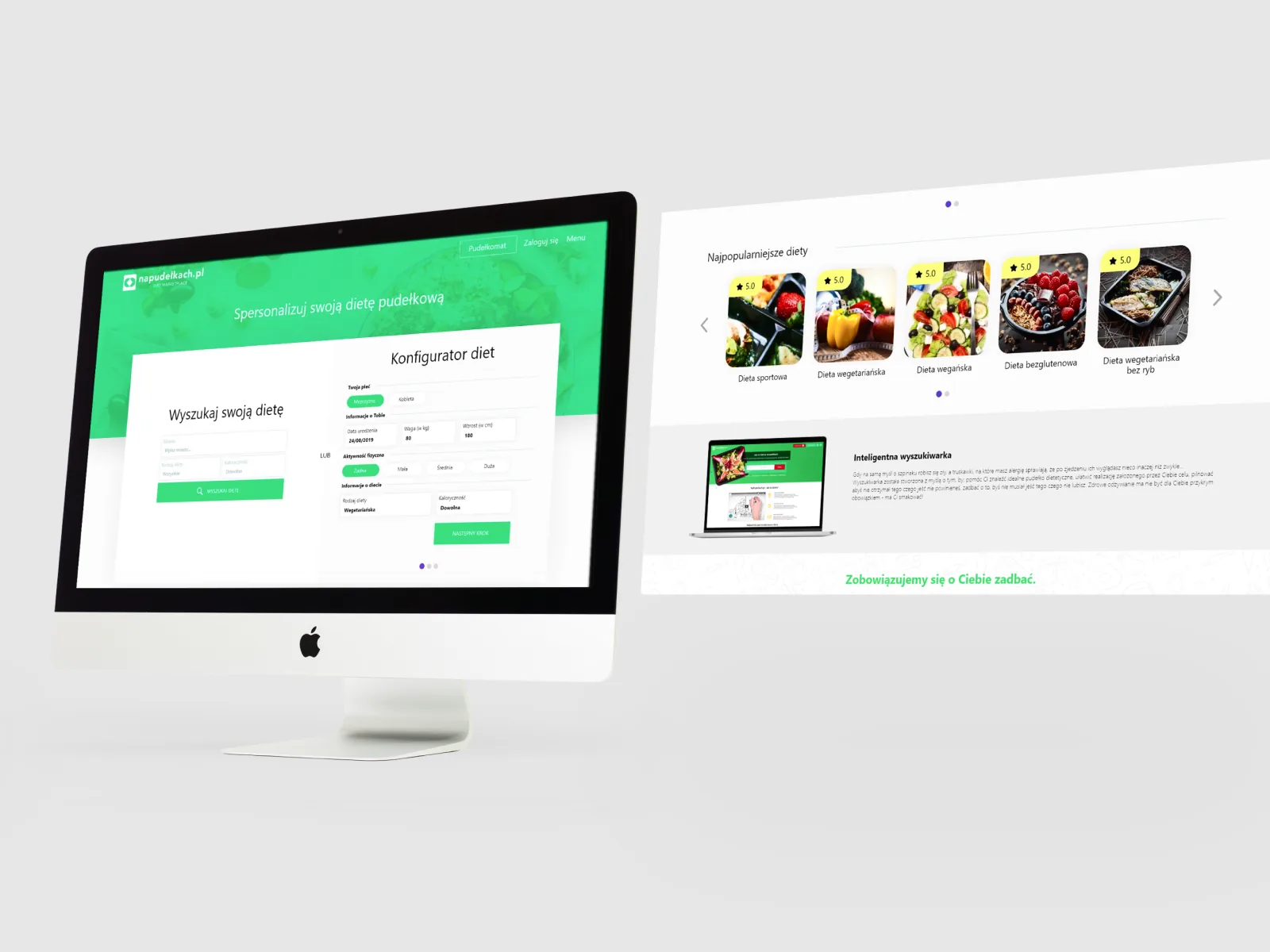 Two monitor mockups showing a diet configurator form