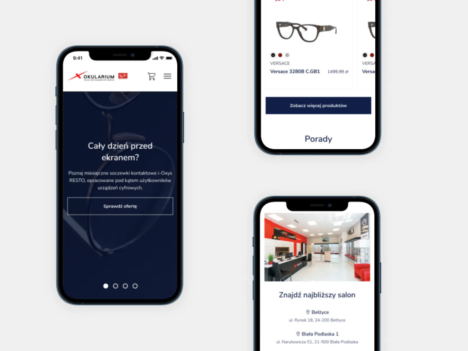 Phone screens showing offer banner, product list and store locator
