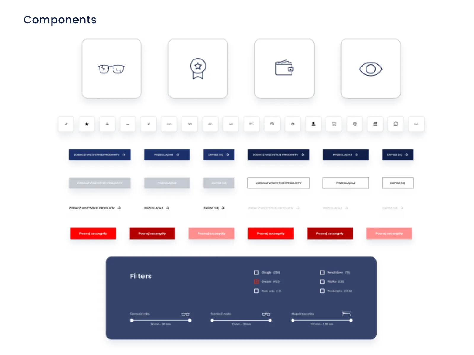 UI component sheet with icons, buttons and a filter panel
