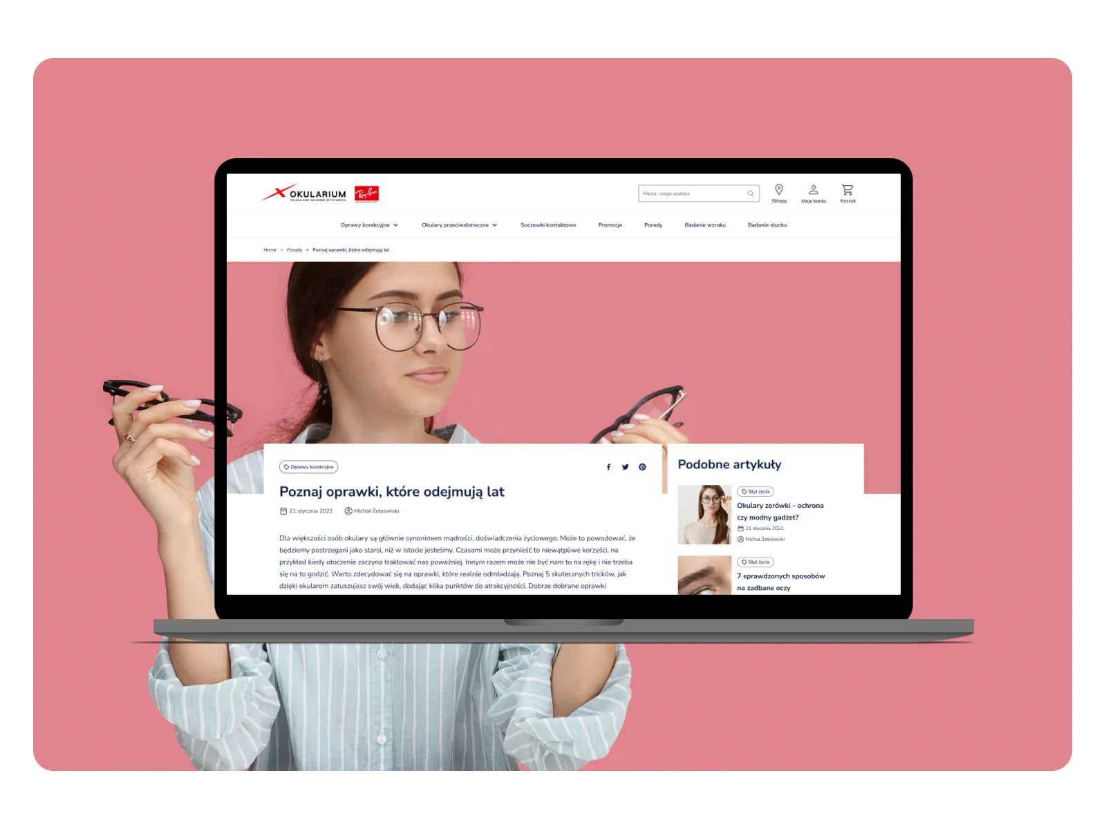 Laptop mockup showing an article page over a photo of a woman with glasses