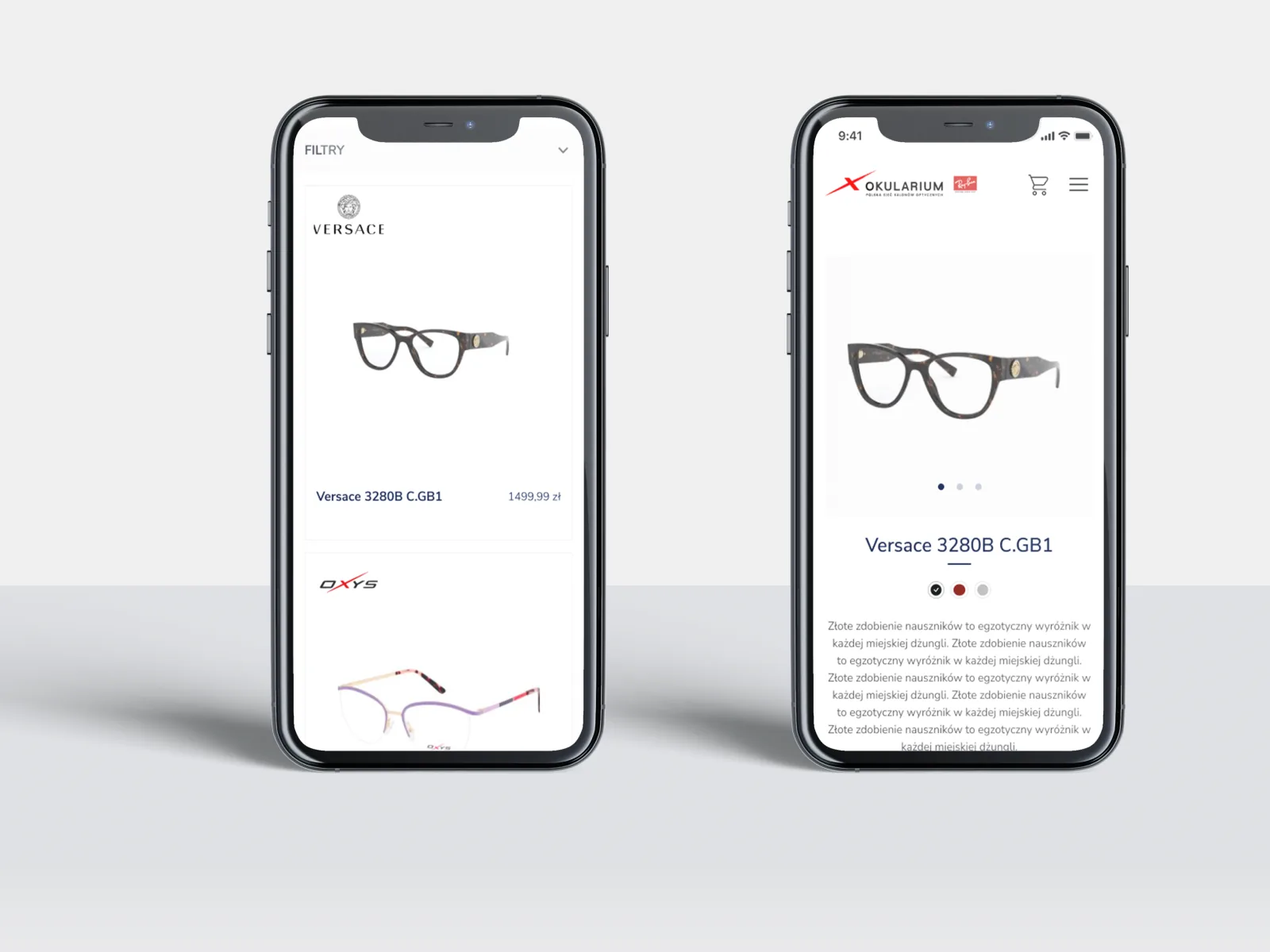 Two phone screens showing a product filter list and detail page
