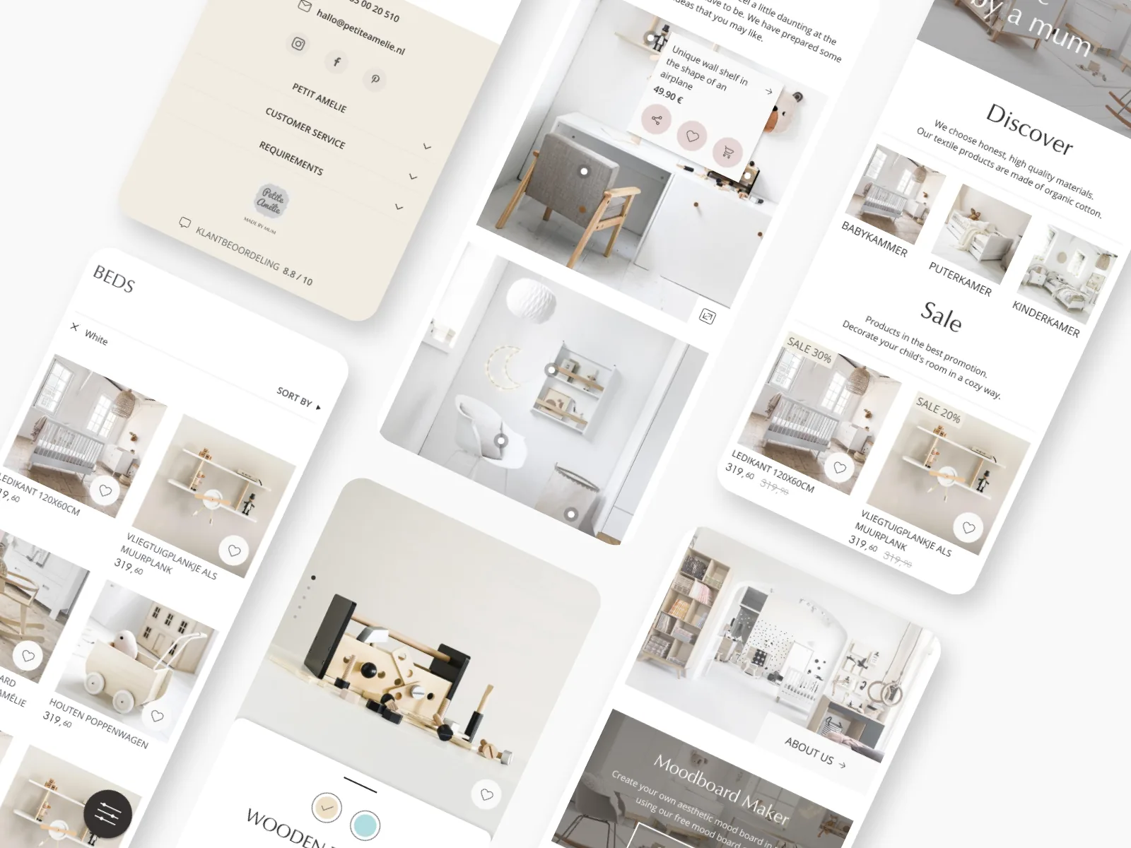 Fanned mobile app screens showing shop navigation and product listings