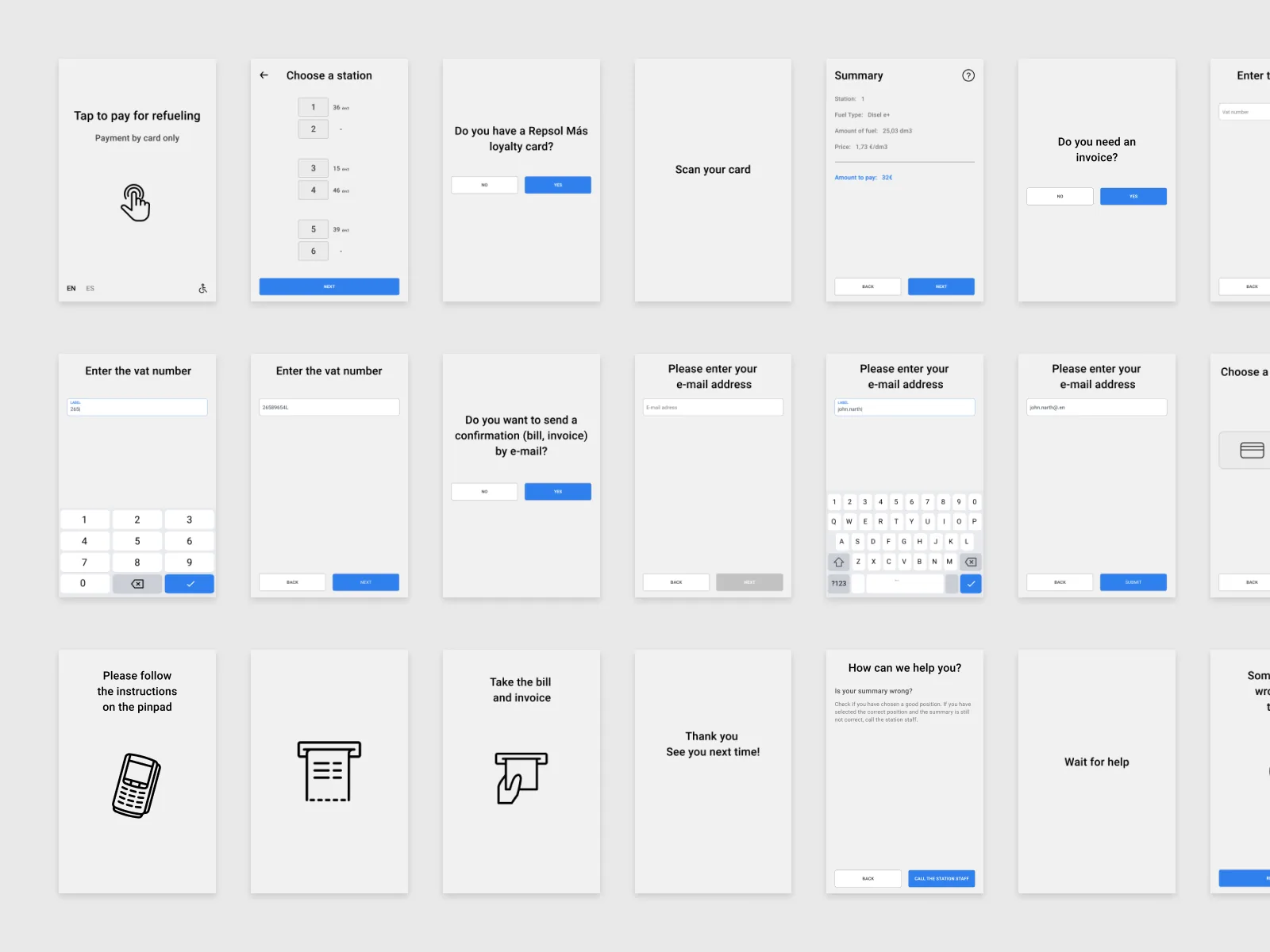 Grid of lo-fi wireframes for a payment kiosk flow