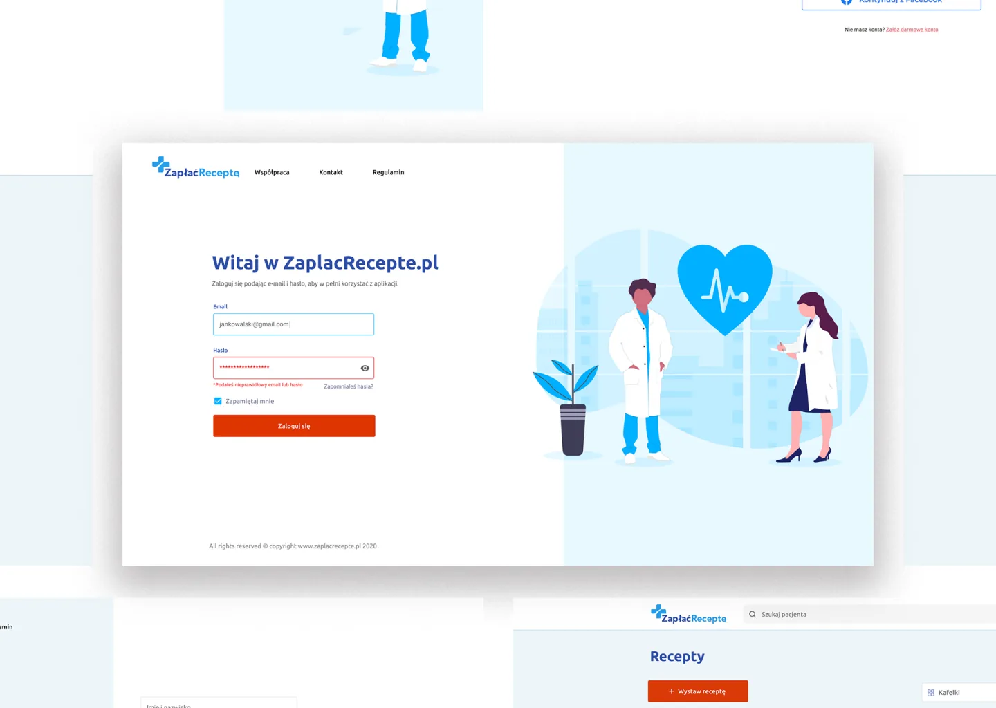 Desktop login page with form fields and a medical illustration